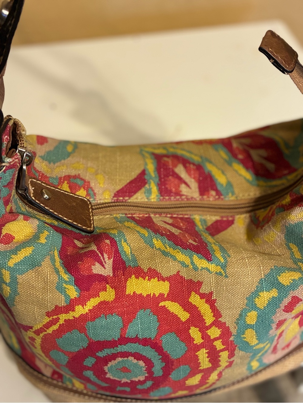 Vintage Fossil Boho Canvas Leather Shoulder Bag Floral Wood Key Charm Purse Y2K - Picture 8 of 16